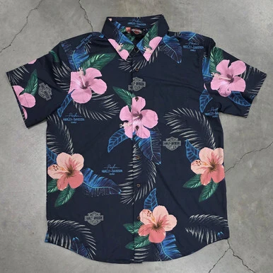Harley-Davidson Men Nuuanu Black Wrinkle-Free Hawaii Exclusive Button-Up Aloha Shirt