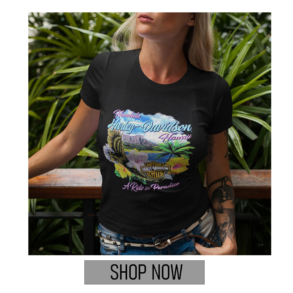 Exclusive Pacific Harley-Davidson Hawaii T-Shirt. Harley-Davidson Women Paradise Tee. Short Sleeve scoop neck  tee. 100% Cotton. Hawaii Exclusive Design. 