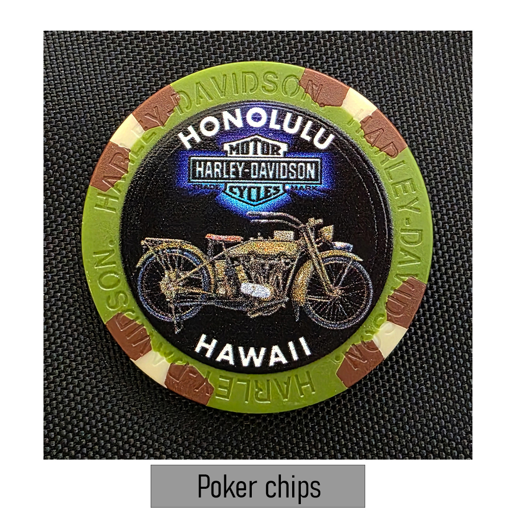Harley-Davidson Full Color Poker Chips The Bike Won The War. Special deal on poker chips. Get 5 chips for the price of 4, get 10 chips for the price of 8, etc. Discount will apply at shopping cart. No coupon code needed. Mix & match different colors or designs.