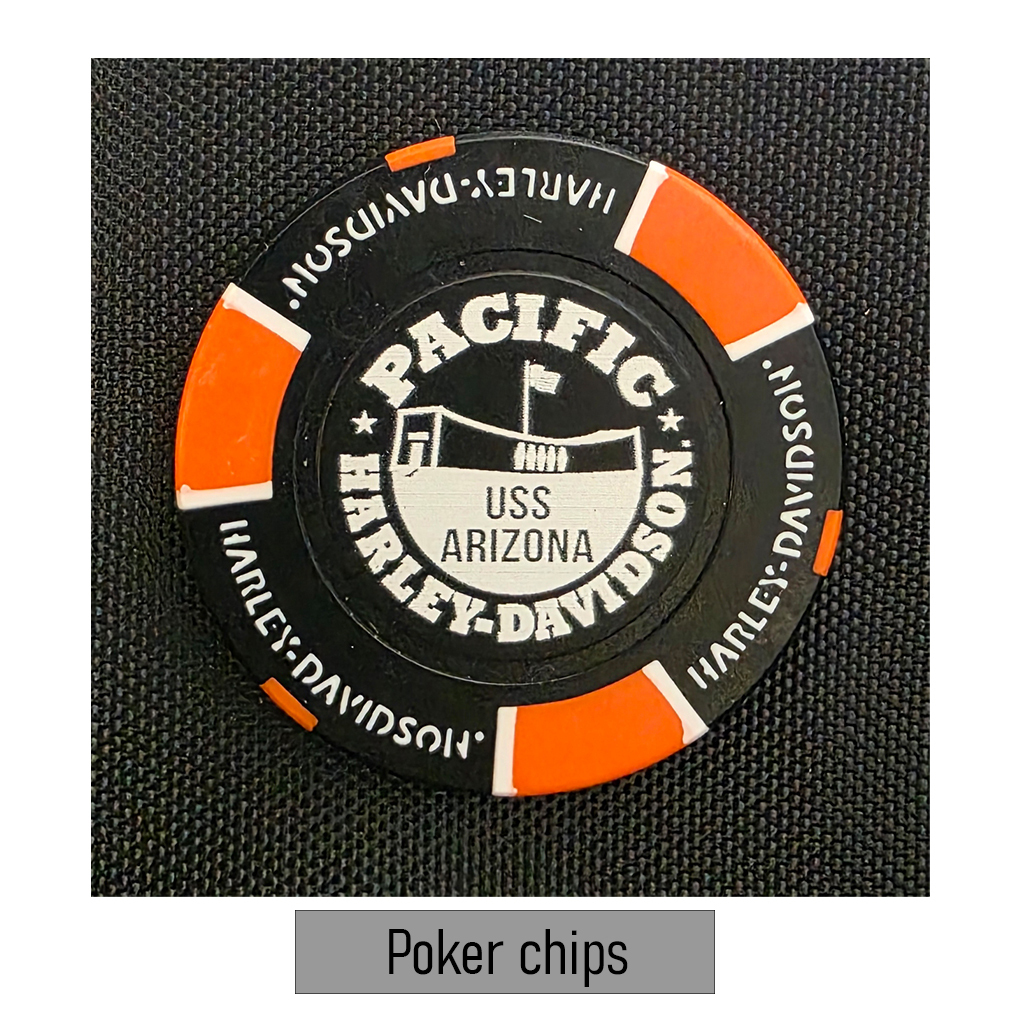 Harley-Davidson Full Color Poker Chips The Bike Won The War. Special deal on poker chips. Get 5 chips for the price of 4, get 10 chips for the price of 8, etc. Discount will apply at shopping cart. No coupon code needed. Mix & match different colors or designs.