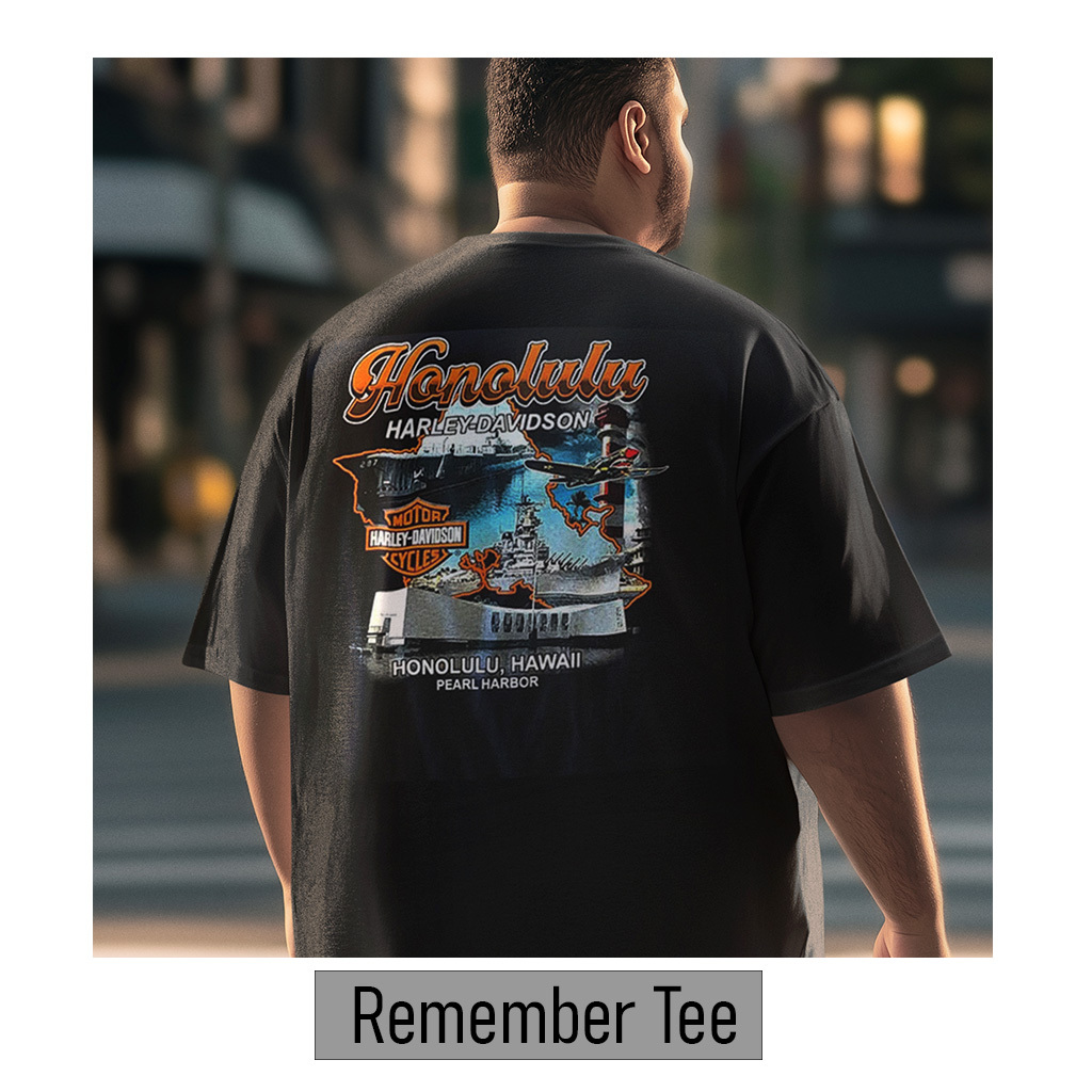 Exclusive Pacific Harley-Davidson Hawaii t-shirt. Harley-Davidson Men's Pearl Harbor Collage T-shirt. 100% cotton tradition t-shirt. Hawaii exclusive design Pearl Harbor, Honolulu. Available in size M - 5XL. 