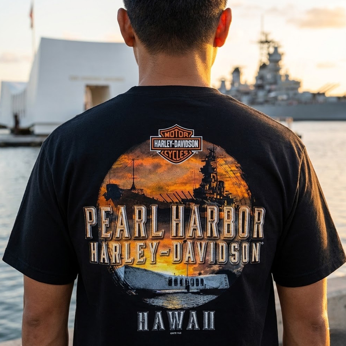 Exclusive Pacific Harley-Davidson Hawaii Pearl Harbor Battleship Men's T-shirt. Men's Traditional S/S Crew White T-shirt with small left chest design. 6oz. 100% Cotton Jersey. Double Needle Sleeve and Bottom Hem. Our traditional tee fits true to size, providing durable and lasting comfort. SKU:MBS202067.