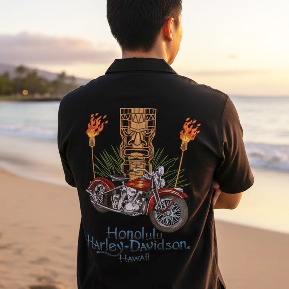 Shop https://www.pacificharleydavidson.com/products/harley-davidson-men-s-tiki-black-button-up-aloha-shirt-hawaii-exclusive-designed-by-tori-richard.html