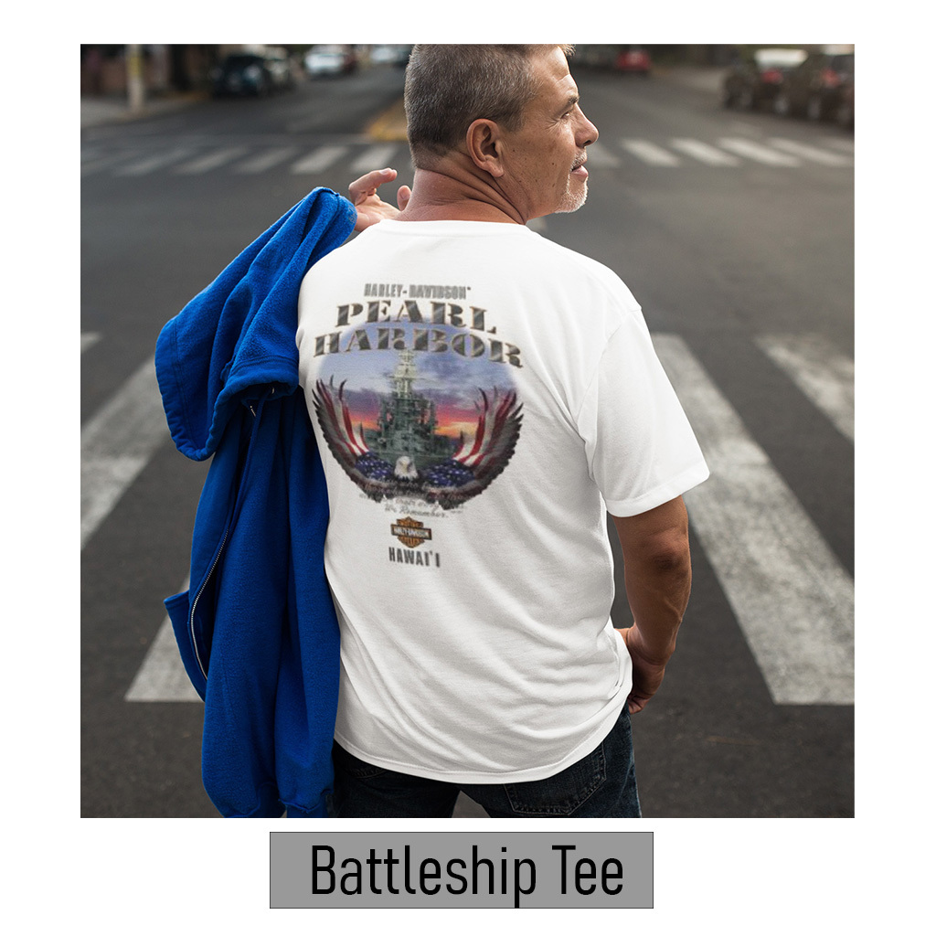 Exclusive Pacific Harley-Davidson Hawaii Pearl Harbor Battleship Men's T-shirt. Men's Traditional S/S Crew White T-shirt with small left chest design. 6oz. 100% Cotton Jersey. Double Needle Sleeve and Bottom Hem. Our traditional tee fits true to size, providing durable and lasting comfort. SKU:MBS202067.
