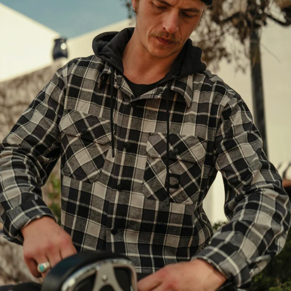 Harley-Davidson Men's Hooded Plaid Long Sleeve Shirt