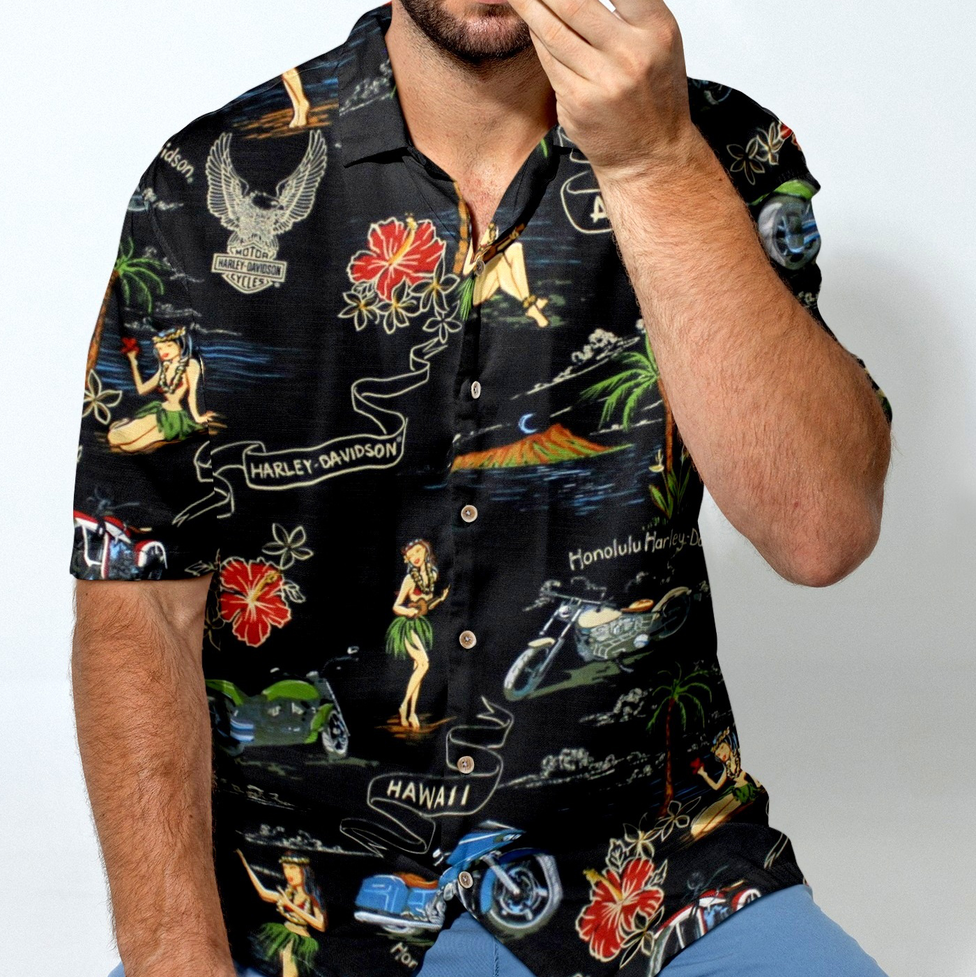 Harley-Davidson Men's Black Hula Hawaii Exclusive Button-Up Aloha