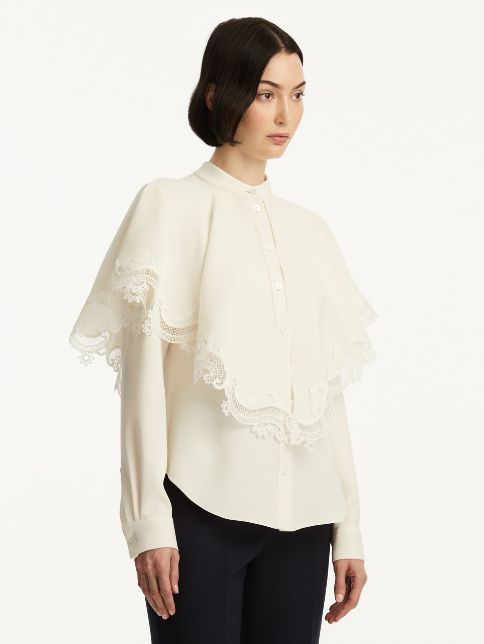 white ruffle neck blouse long sleeve