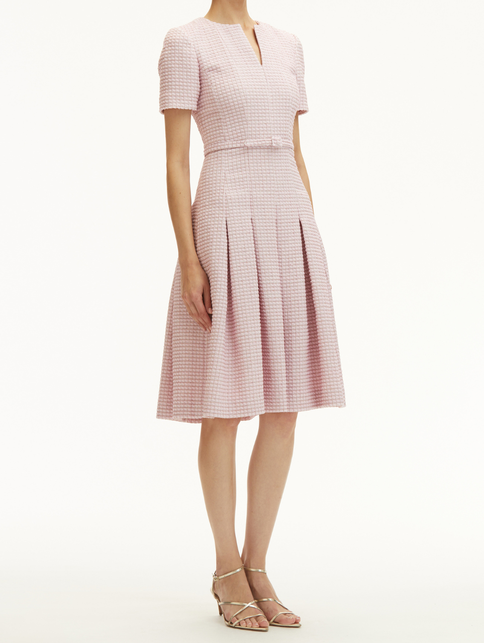Oscar de la Renta Lurex Check Tweed Flare Dress in Pink/White Oscar de la Renta Lurex Check Tweed Flare Dress in Pink/White