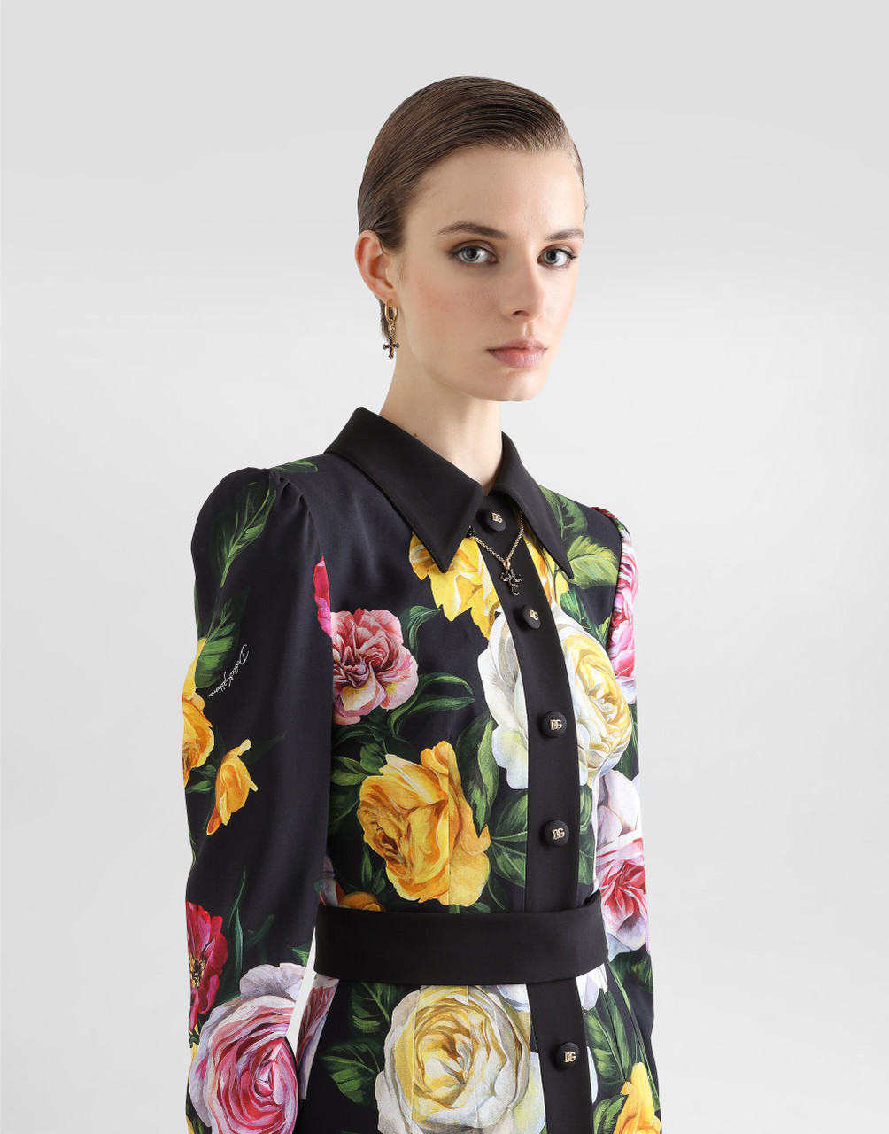 Dolce&Gabbana Peony and Rose Print Calf-Length Cady Shirt Dress