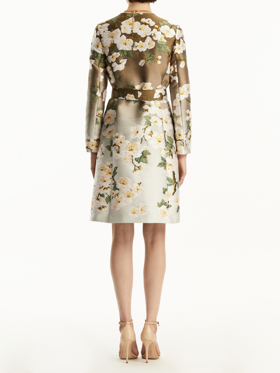Oscar de la Renta Cherry Blossom Degrade Jacquard Coat in White Kahaki  Ombre, Size Medium