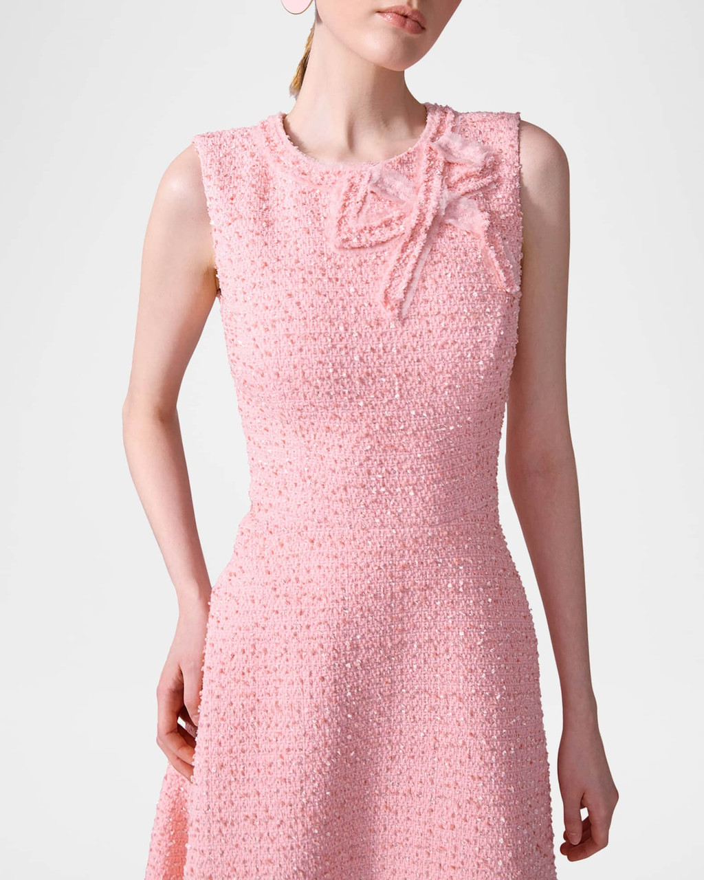 Carolina Herrera Tweed Midi Dress with Bow in Blossom Pink, Size 16