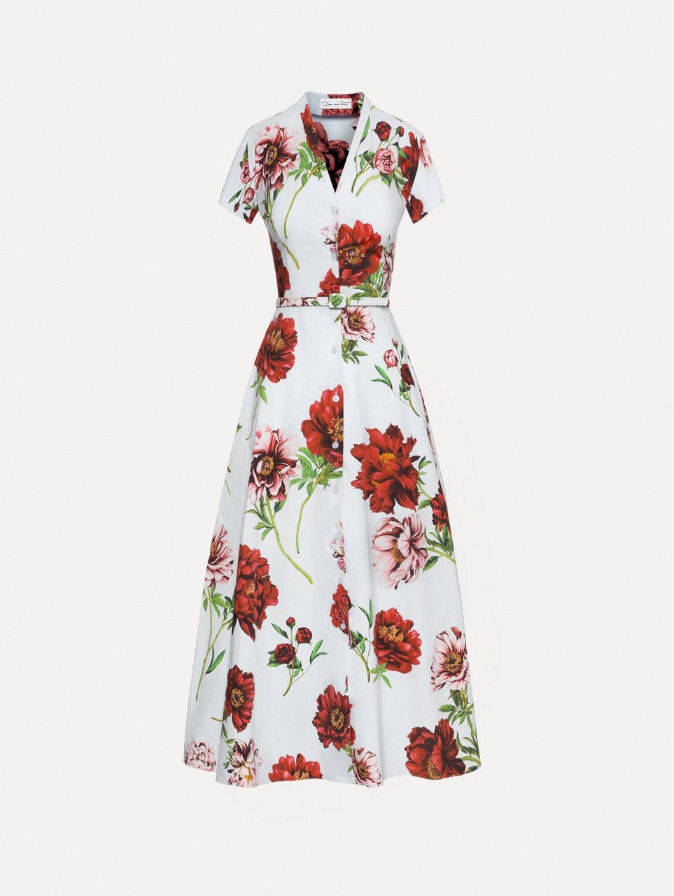 Oscar de la Renta Peony Cotton Poplin Short Sleeve Dress in
