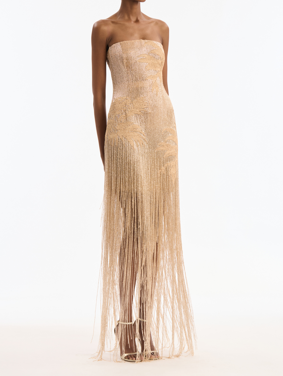 Oscar de la Renta Strapless Palm Raffia Fringe Gown