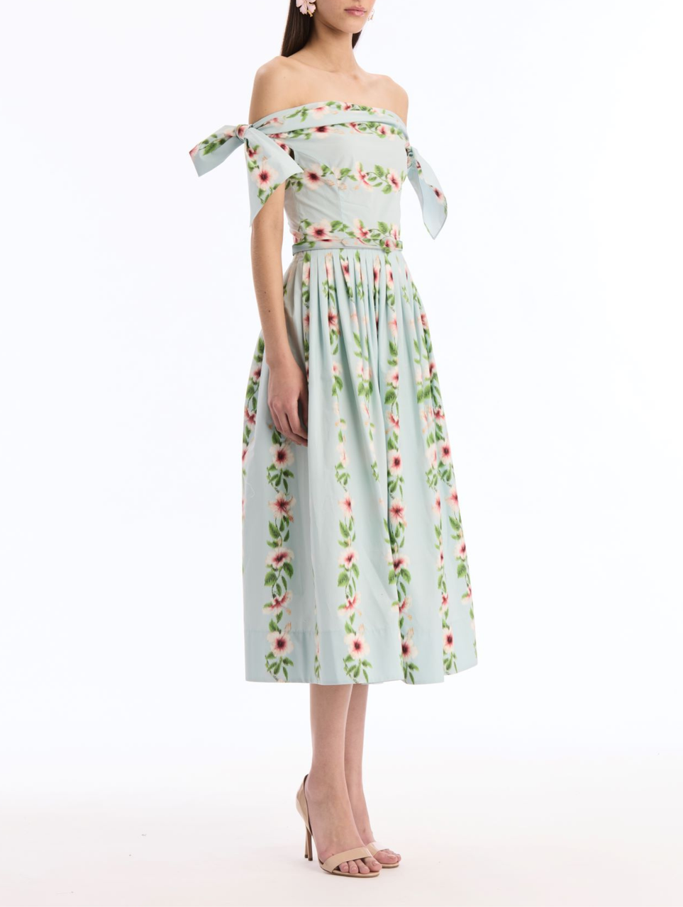 Oscar de la Renta Off Shoulder Hibiscus Stripes Poplin Day Dress