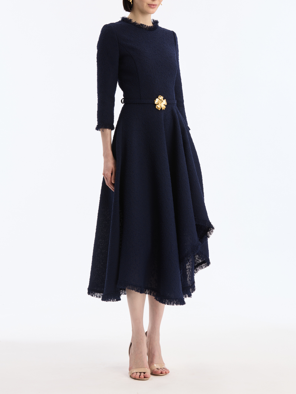 Oscar de la Renta Long Sleeve Asymmetrical Hem Slubby Wool Tweed Dress
