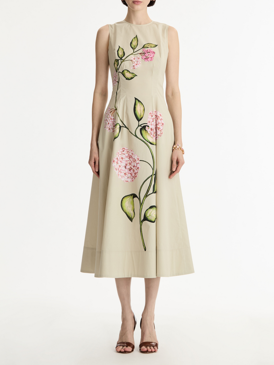 Oscar de la Renta Porcelain Flower Cotton Poplin Sleeveless Dress