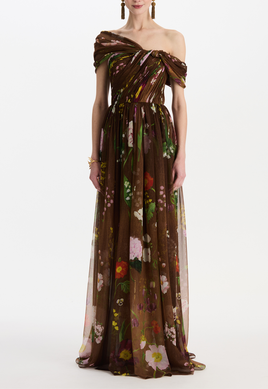 Oscar de la Renta One Shoulder Mixed Botanical Silk Chiffon Gown