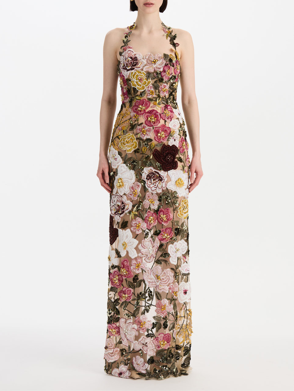 Oscar de la Renta Halter Neck All Over Beaded Florals Embroidered Gown