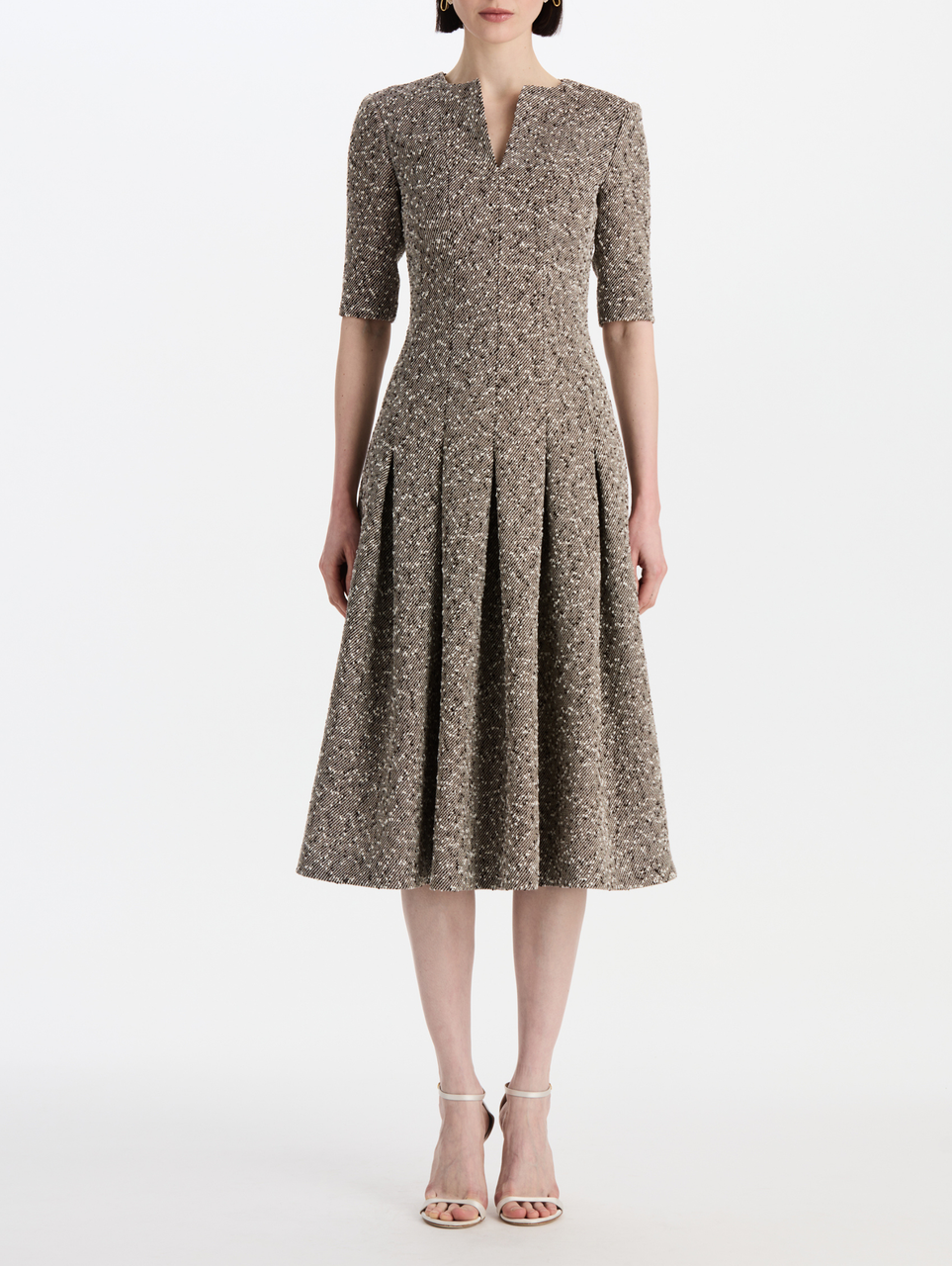 Oscar de la Renta Midi Sleeve Slubby Wool Tweed Gauze Day Dress Oscar de la Renta Midi Sleeve Slubby Wool Tweed Gauze Day Dress