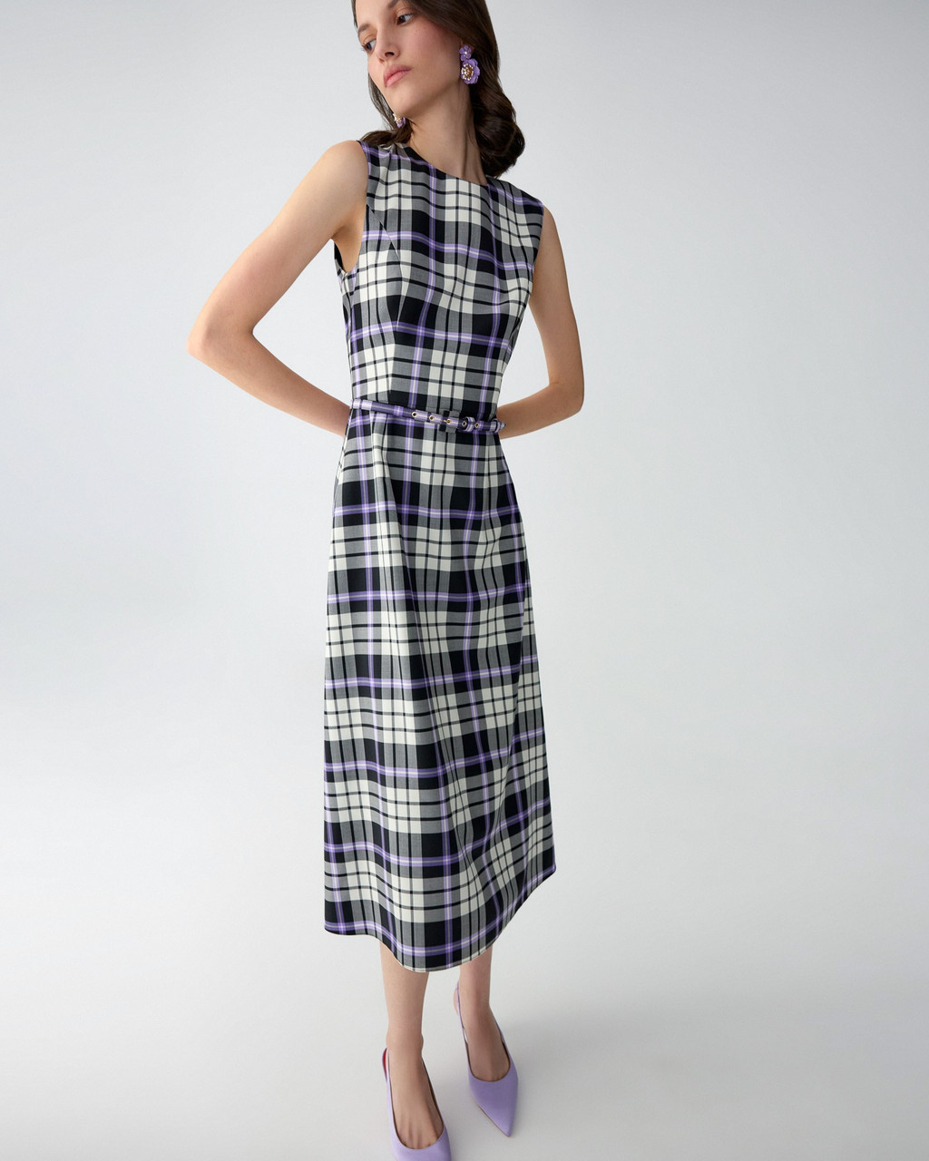 plaid a line dress Brown Wool Midi - Sleeveless Fit & Flared Silhouette C5192 No Stretch Vintage Christmas Plaid Dress A-Line