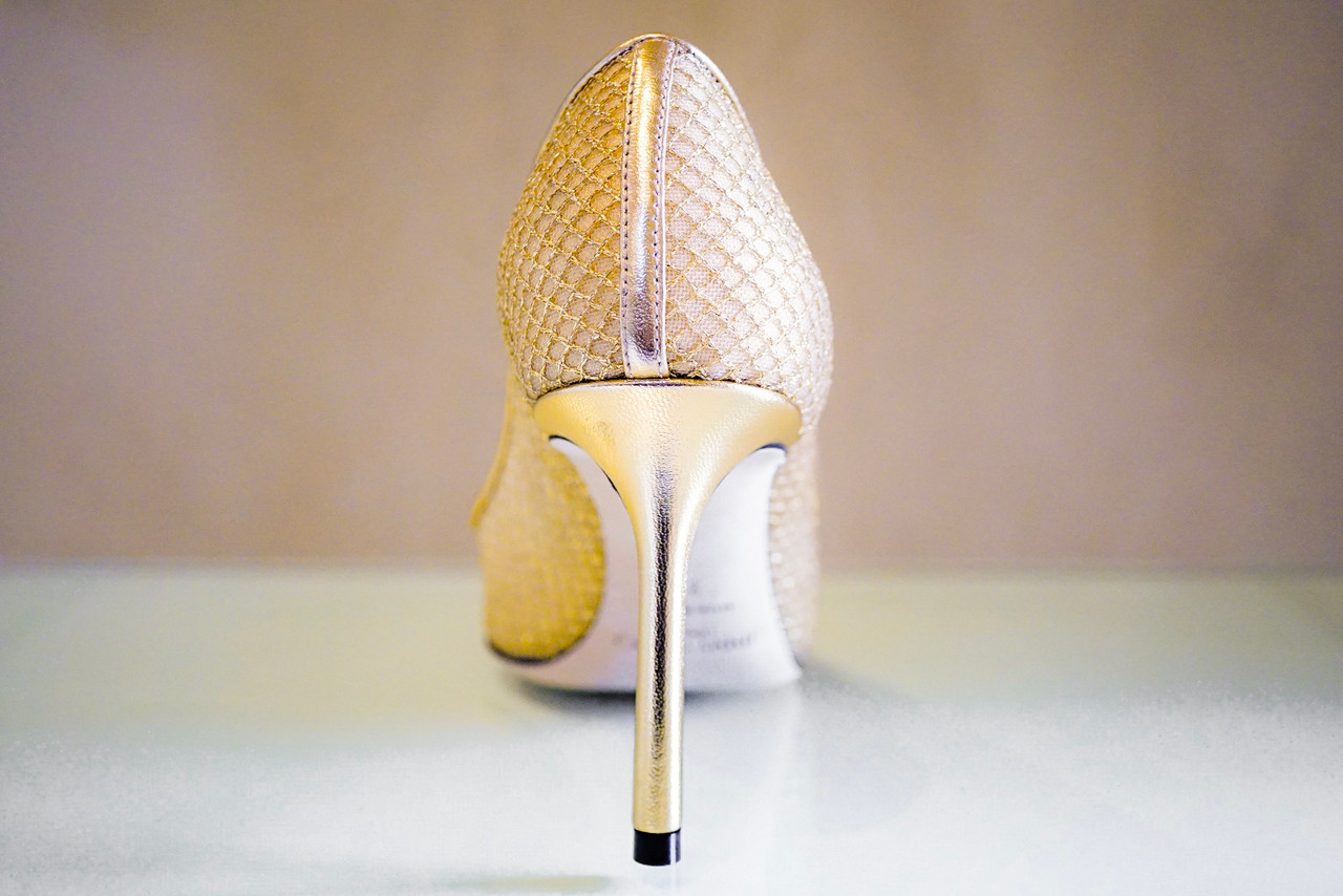 Jimmy Choo Romy 85 Patent Mesh Pumps in Gold