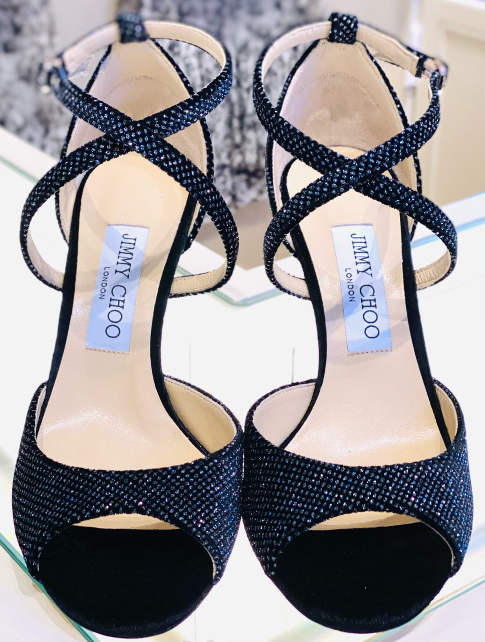 Jimmy Choo Emsy 85 Black Glitter Velvet Pump