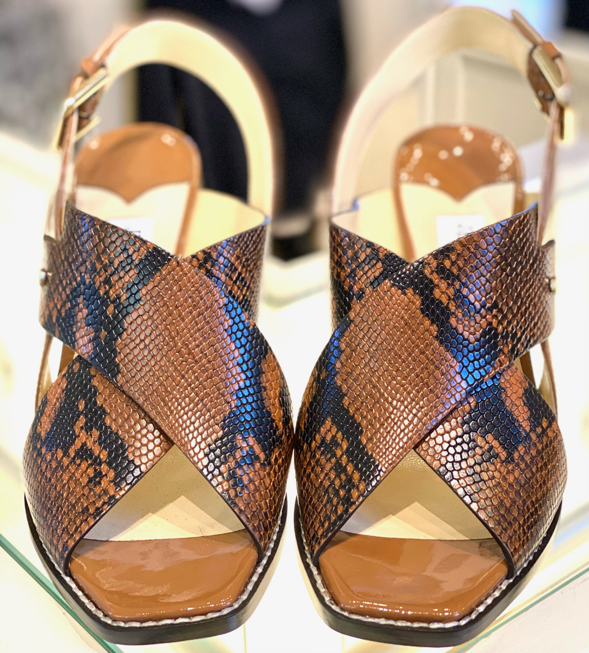 Jimmy Choo Aix 85 Snake Printed Leather Sandal in Cuoio