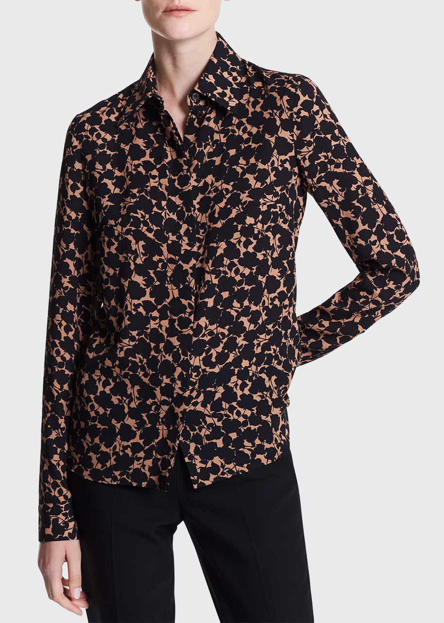Michael Kors Hansen Silk Button Shirt in Shadow Floral Black/Suntan
