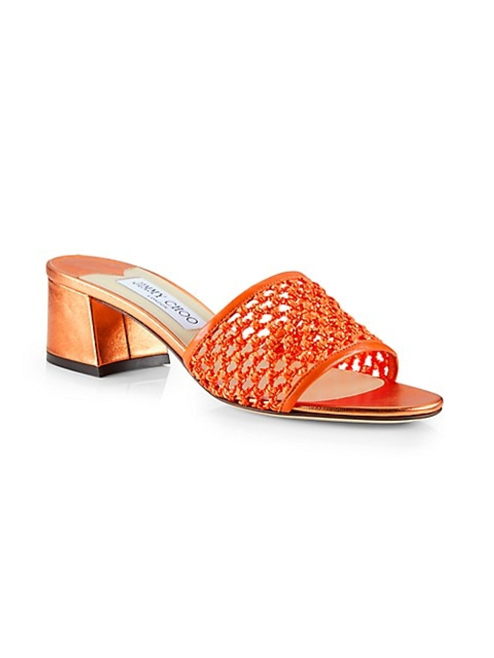 Jimmy Choo Minea 45 Woven Raffia Sandals in Amber Orange, Size 36