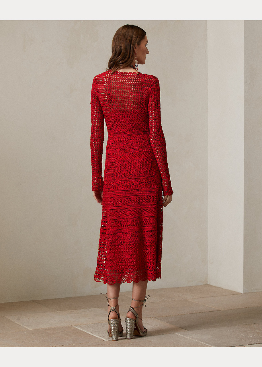 Ralph Lauren Crochet Long-Sleeve Sweater Day Dress in Poppy Red, Size  X-Small