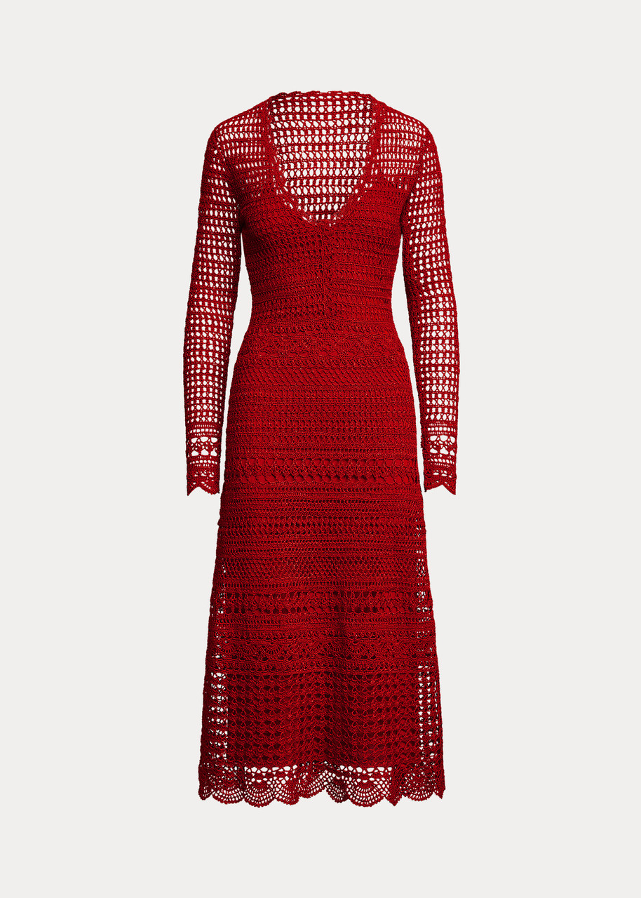 Ralph Lauren Crochet Long-Sleeve Sweater Day Dress in Poppy Red