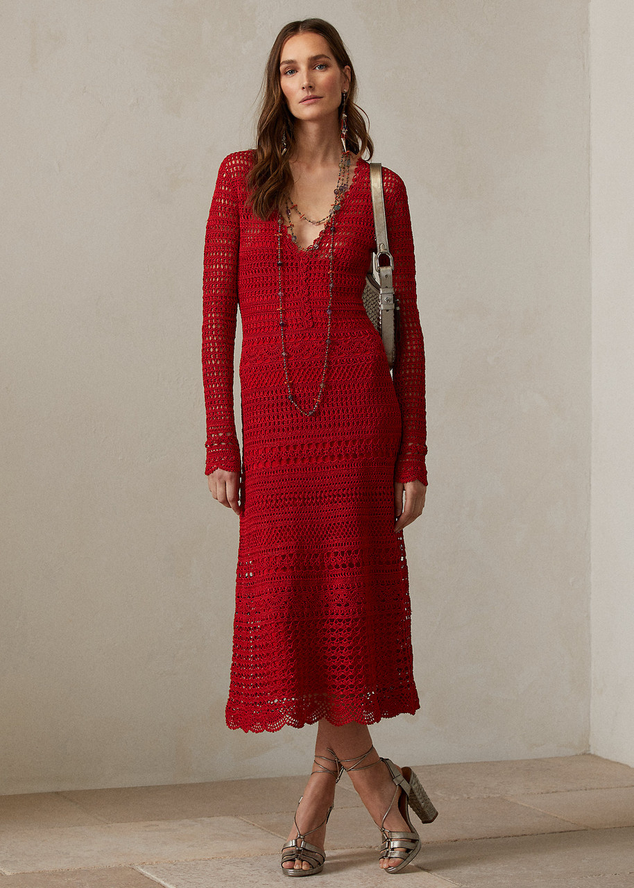 Ralph Lauren Crochet Long-Sleeve Sweater Day Dress in Poppy Red, Size  X-Small