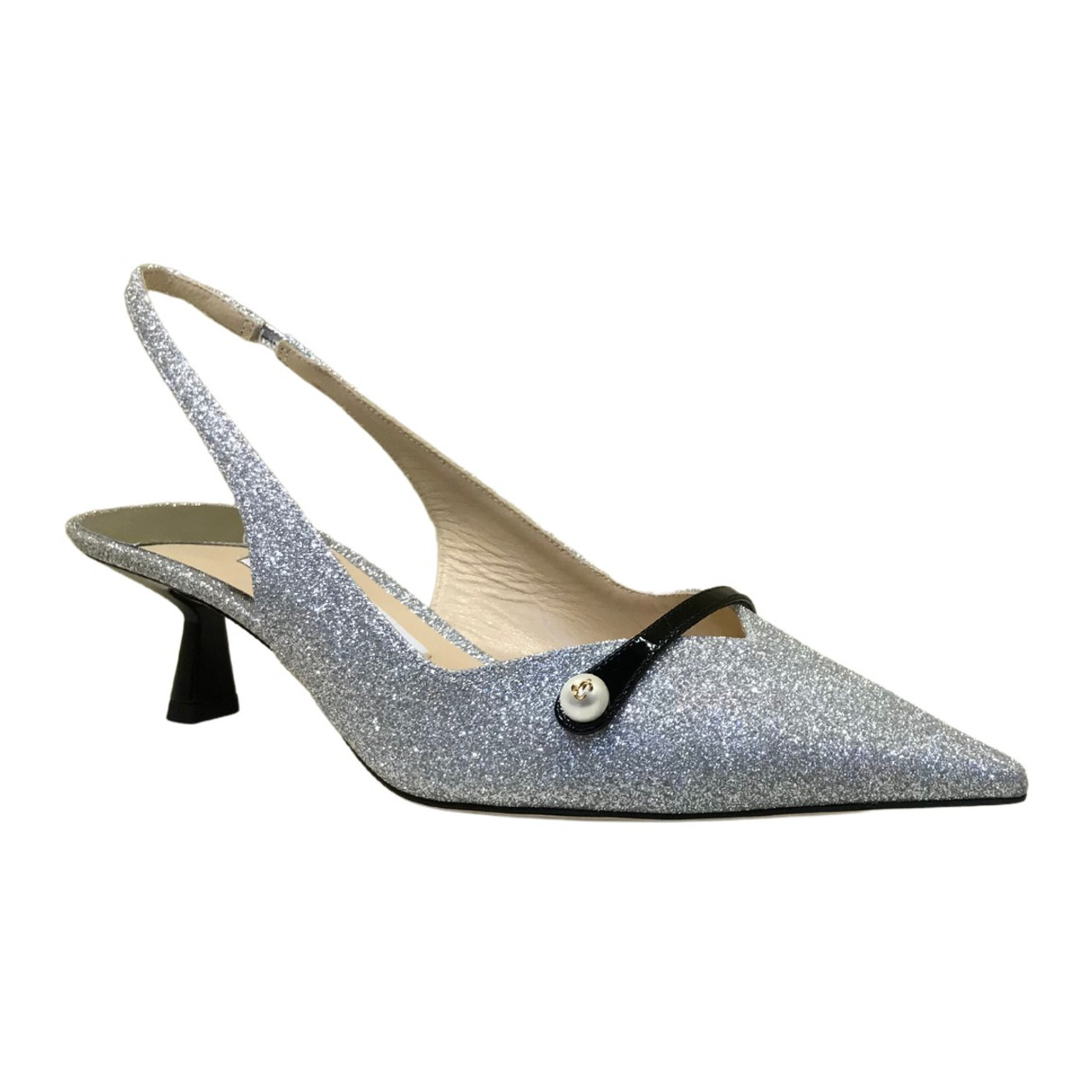 Jimmy Choo Amita 45 Fine Glitter Slingback Pumps in Silver/Black, Size 37