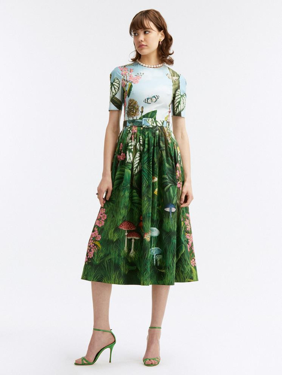 Oscar de la Renta Botanical Forest Poplin Midi Dress