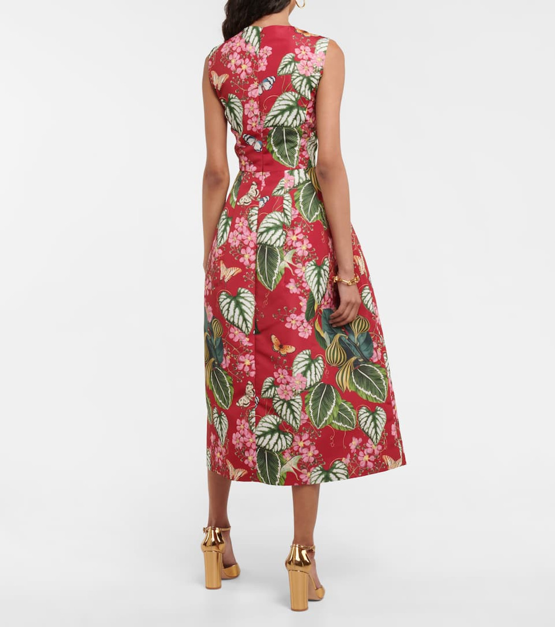 Oscar de la Renta Mixed Botanical Fit and Flare Dress in Ruby Multi