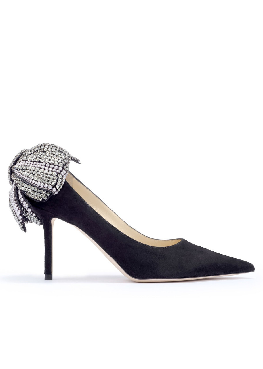 Jimmy Choo Love 85 Suede Pumps with Pearl & Crystal Bow in Black Mix