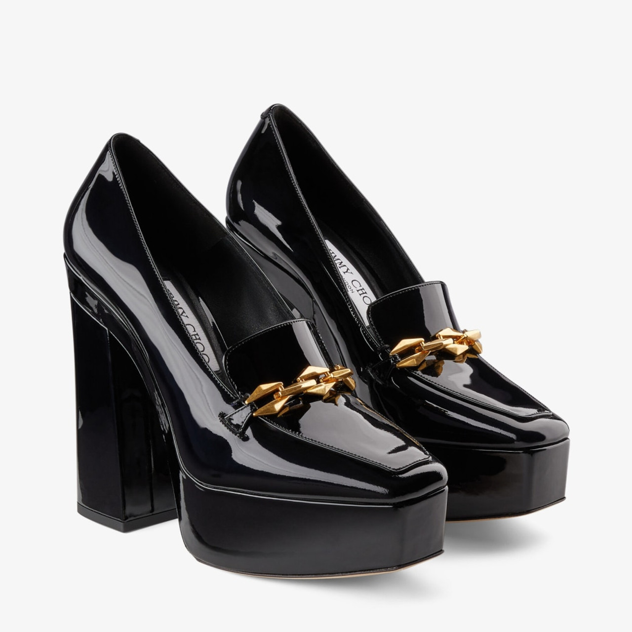 Jimmy Choo Diamond Tilda 140 Soft Patent Leather Loafers with Chain  Embellishment in Black, Size 36