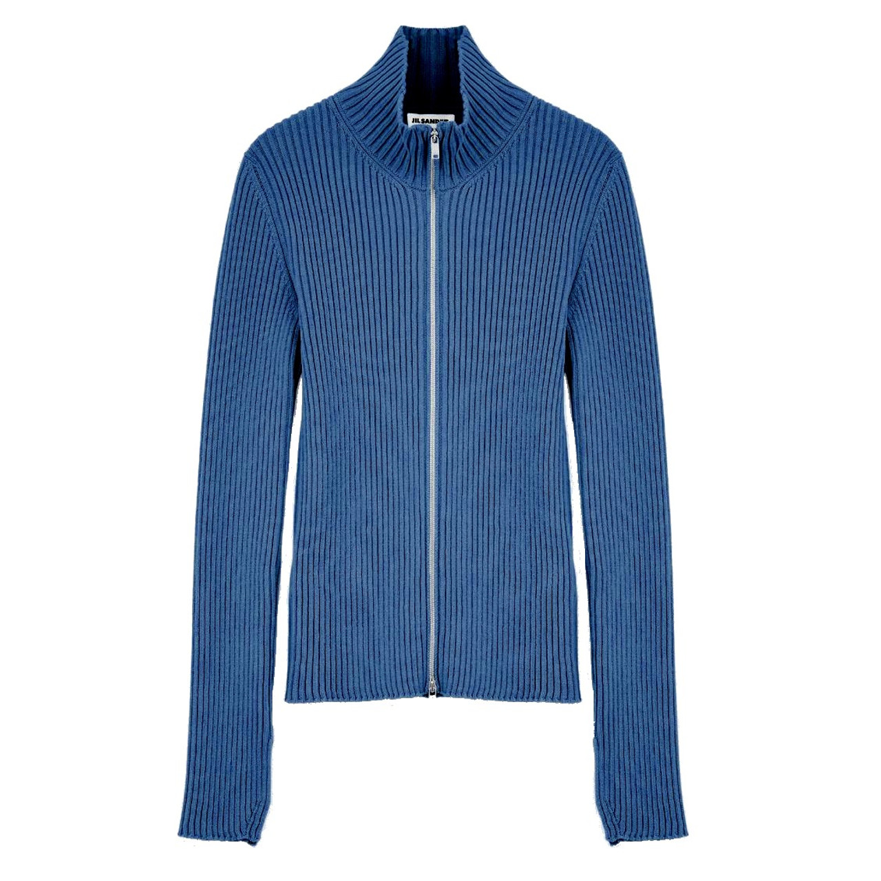 Jil Sander Cotton Rib Knit Cardigan with Zip in Blue