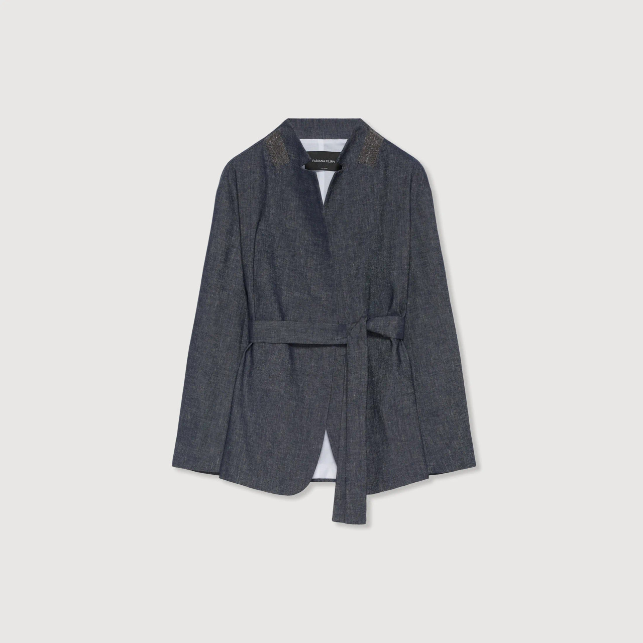 ジャケット FABIANA FILIPPI Woman Jacket Grey GCD265F335D796 0149 Fabiana Filippi Cotton and Linen Wrap Jacket in Blue Denim