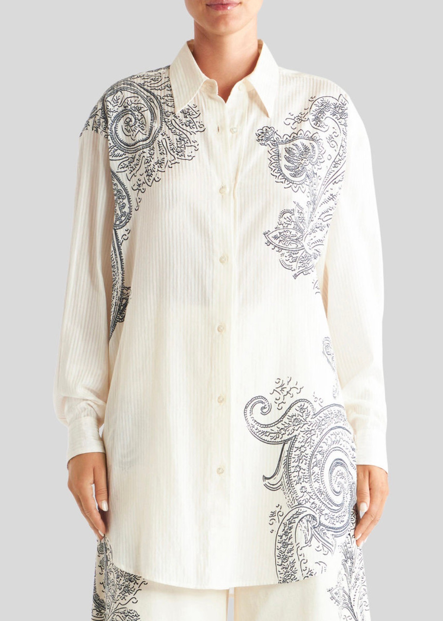 Etro Oversize Shirt with Placed Print in White, Size Small