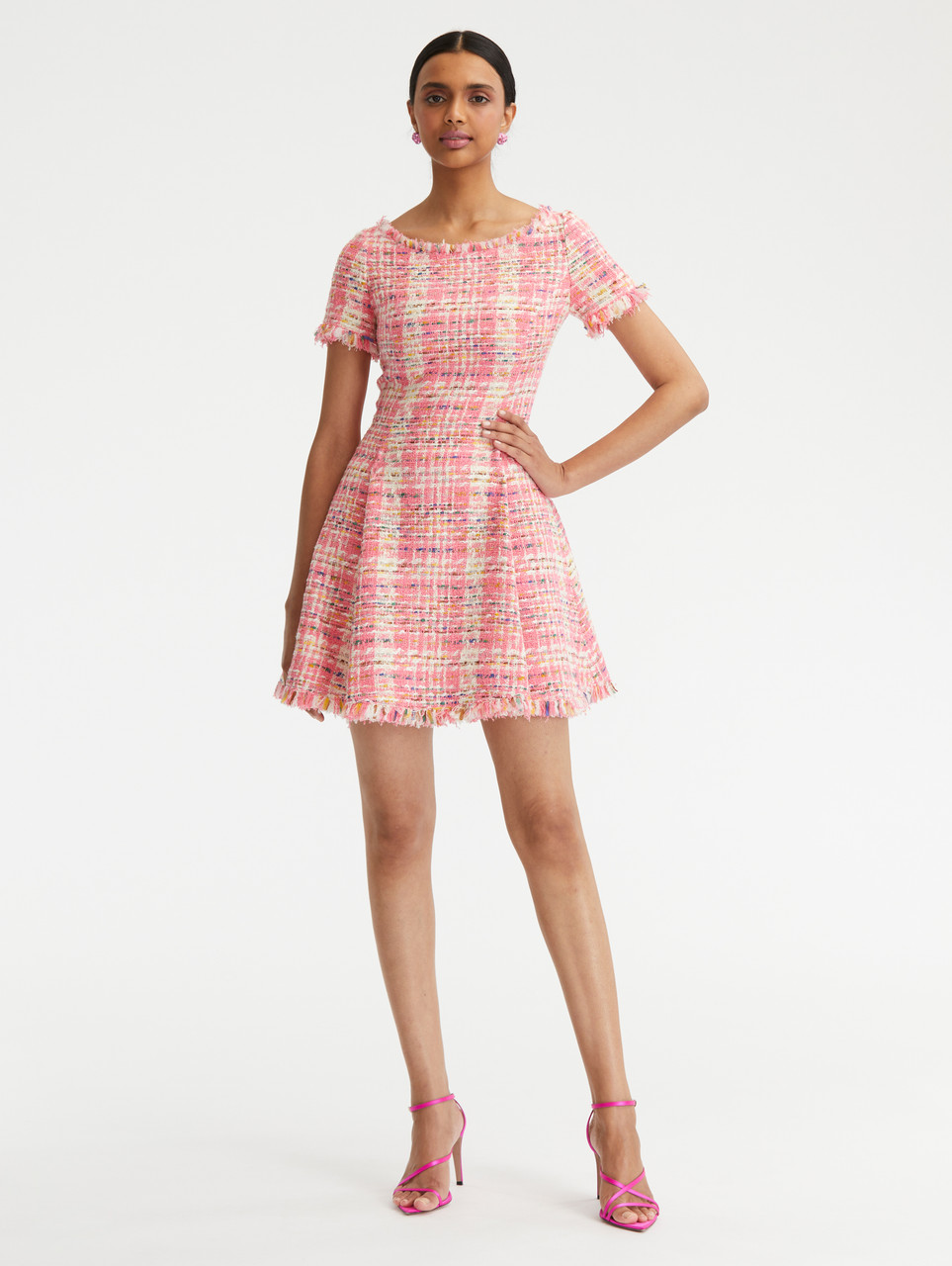 Oscar de la Renta Short Sleeve Multicolor Tweed Dress in Peony Multi