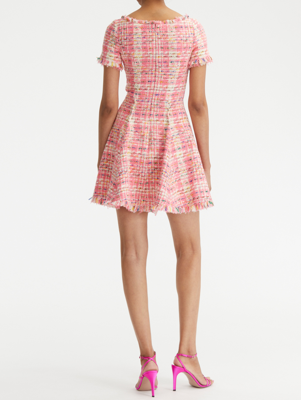 Oscar de la Renta Short Sleeve Multicolor Tweed Dress in Peony Multi