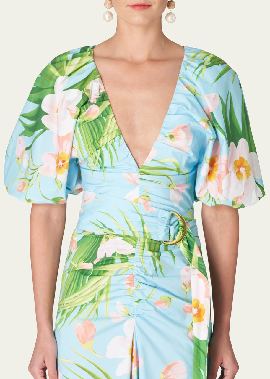 Carolina Herrera Ruched Front Midi Dress with Belt in Aquamarine Multi