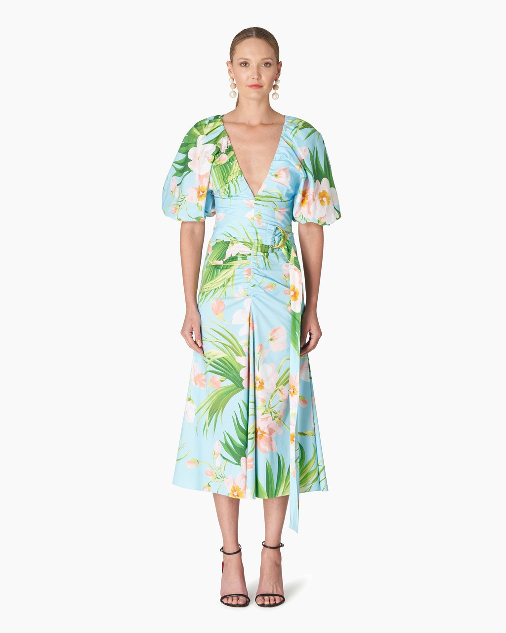 キャロリーナ ヘレナ CAROLINA HERRERAダブルフェイスミディワンピ Carolina Herrera Ruched Front Midi Dress with Belt in Aquamarine Multi