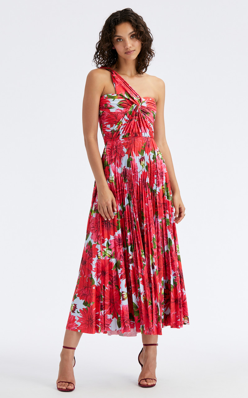 Oscar de la Renta One Shoulder Dahlia Pleated Midi Dress, Size 4