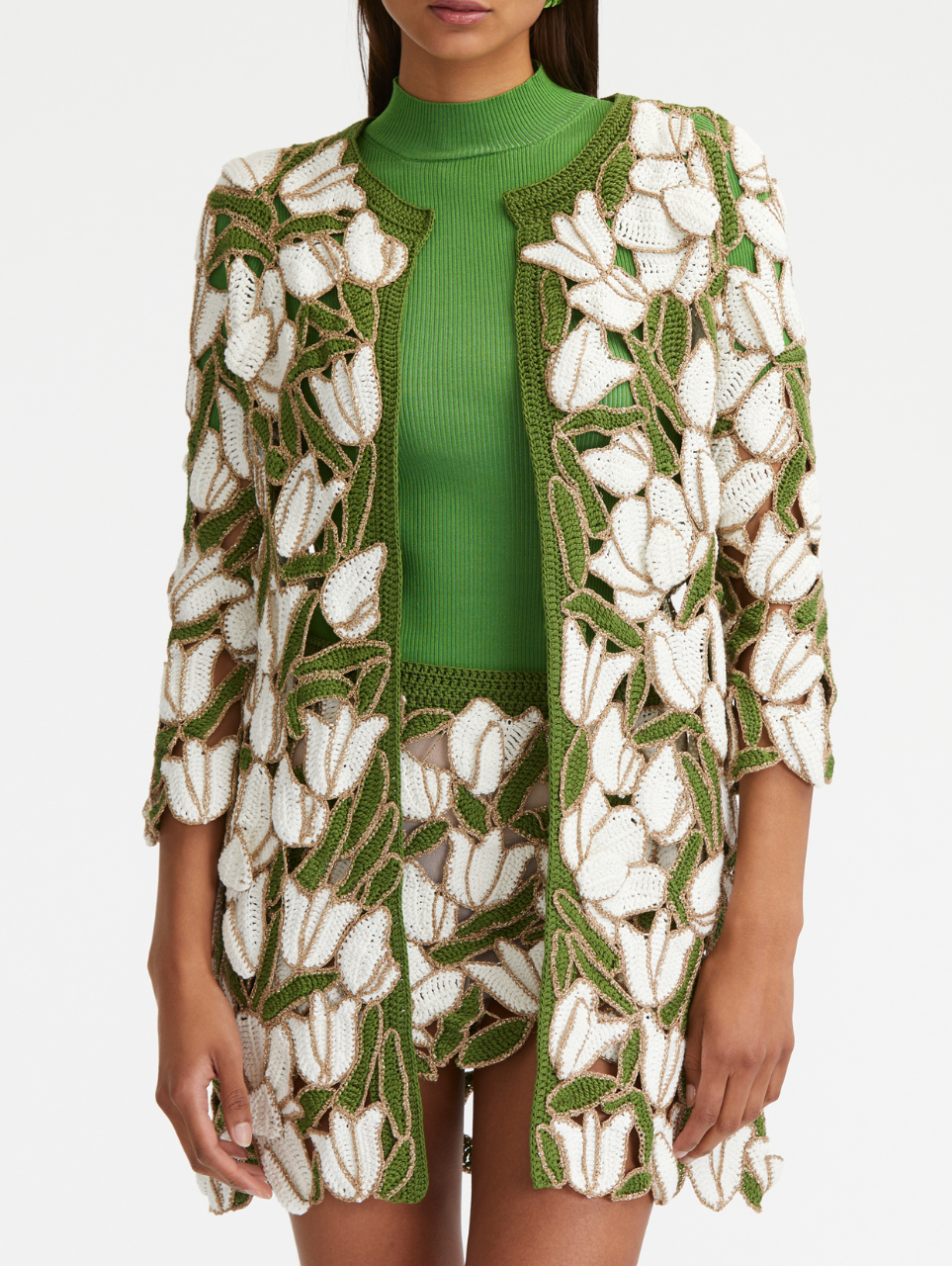 Oscar de la Renta Tulip and Leaves Crochet Coat, Size X-Large