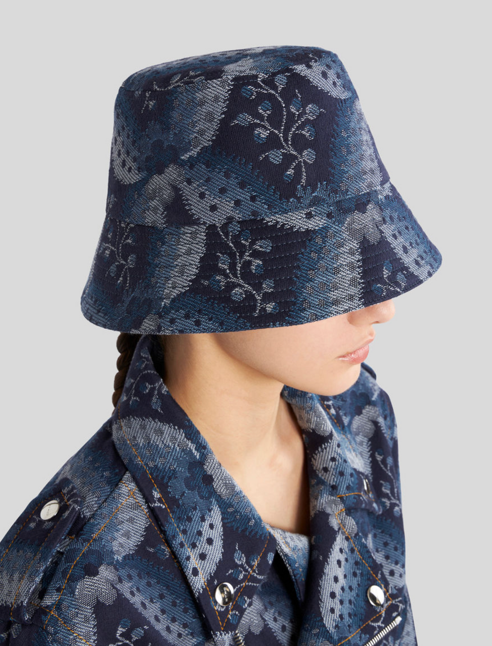 Etro Denim Jacquard Bucket Hat in Navy Blue, Size Small