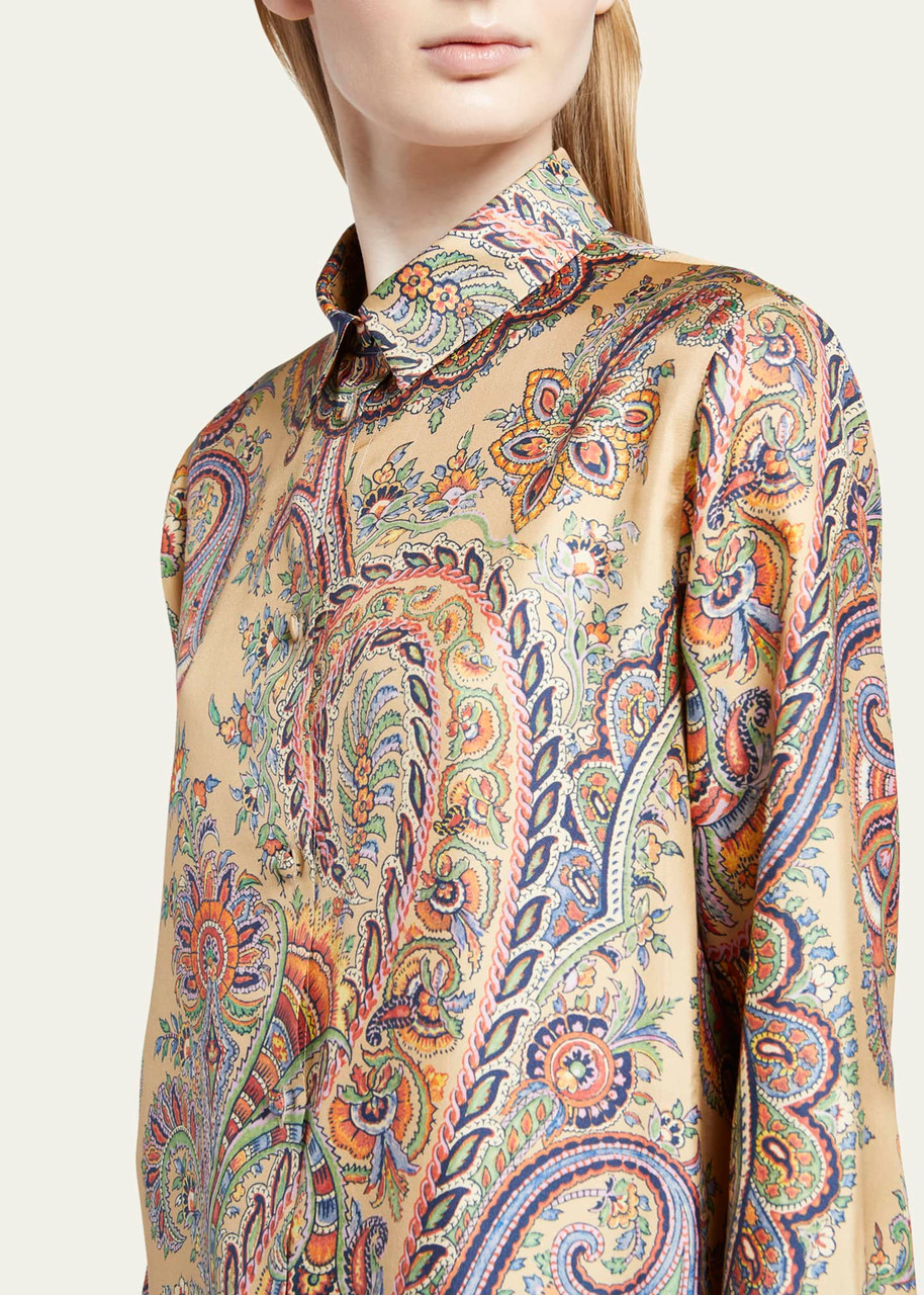 Etro Floral Paisley Silk Shirt in Beige