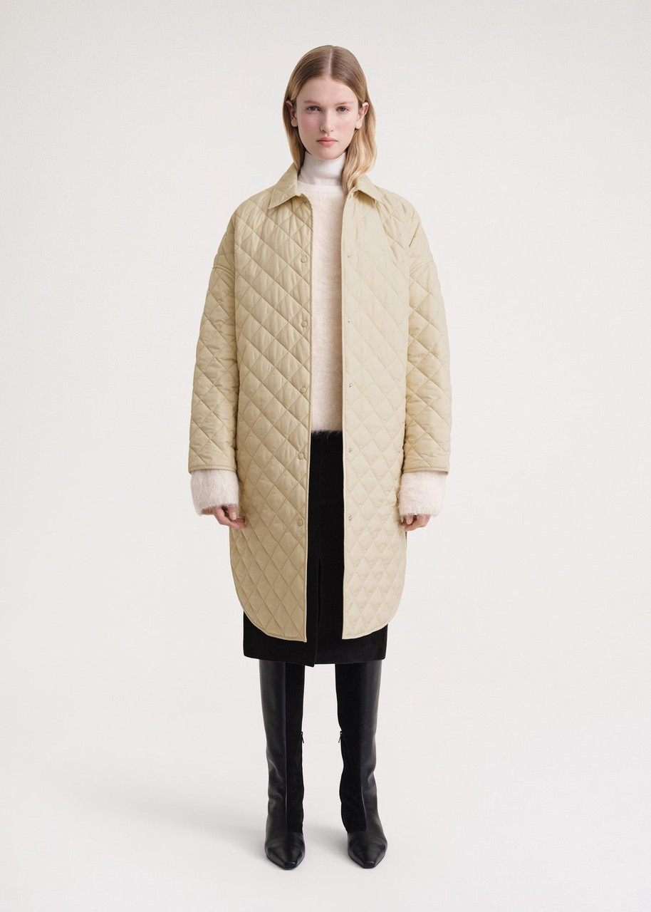 Totême Quilted Cocoon Coat in Stone, Size XX-Small