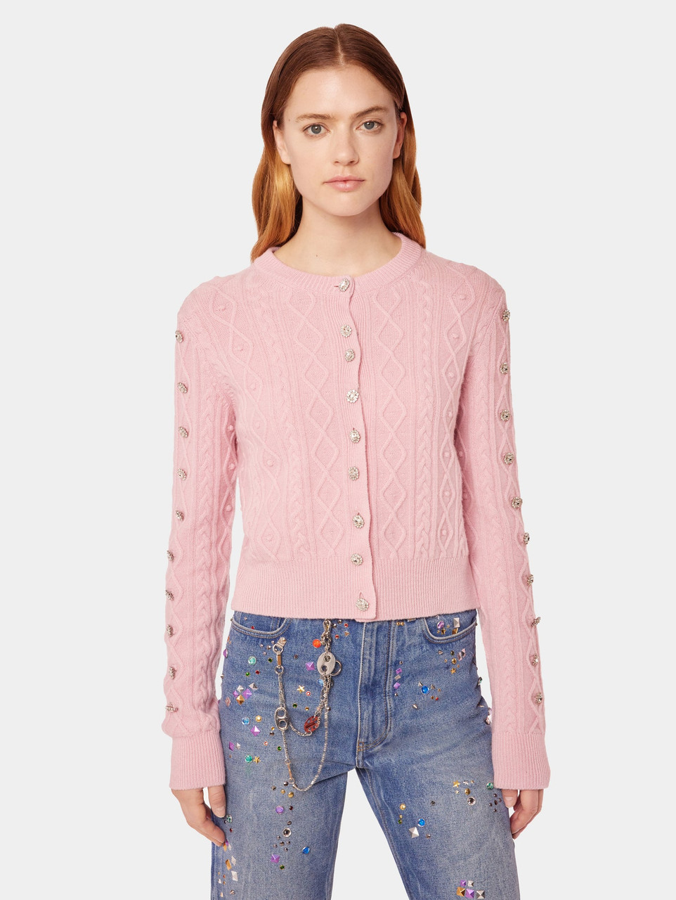 Rabanne Wool Cardigan with Rhinestones in Powder Pink